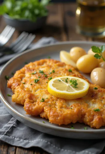 Pork schnitzel met aardappelen, krokant varkensvlees en beboterde aardappelen