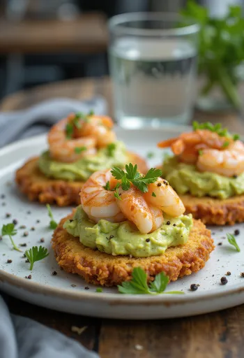 Tostón met garnalen, geserveerd met avocado en citroensmaak