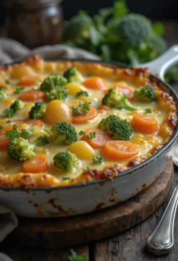 Groentegratin in laagjes, gebakken met kaas en kruiden.