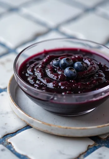 Blauwe bessen-chili-balsamicosaus in een kom, versierd met verse blauwe bessen en schijfjes chili.