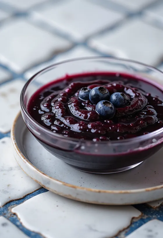 Blauwe bessen-chili-balsamicosaus in een kom, versierd met verse blauwe bessen en schijfjes chili.