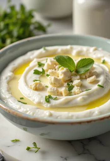 Feta-yoghurt dip met dille geserveerd met vers pitabrood