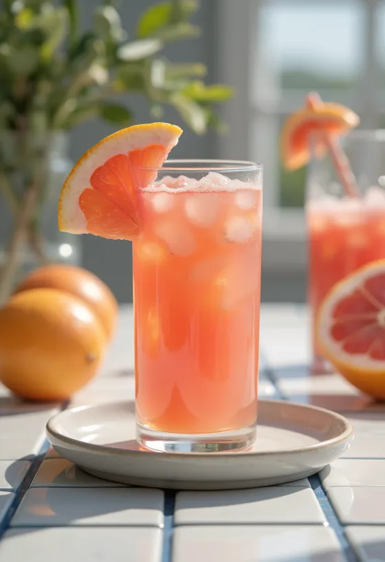 Sinaasappel-grapefruitsap in een hoog glas, versierd met schijfjes sinaasappel en grapefruit