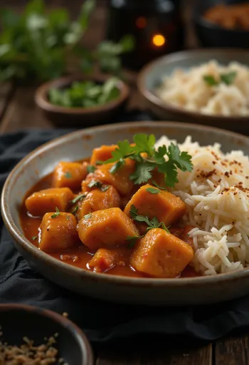 Pork Vindaloo geserveerd met rijst en verse koriander