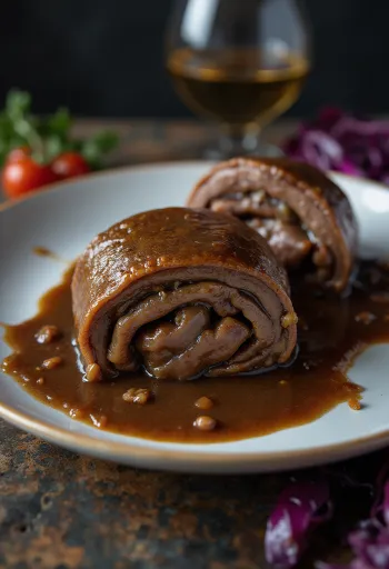 Rinderrouladen geserveerd met groenten en saus