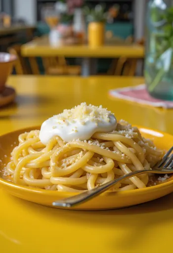 Hete pasta met kaas en zure room bestrooid met geraspte kaas, geserveerd op een wit bord.