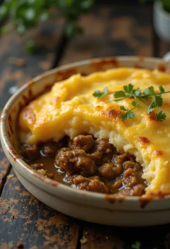 Shepherd’s pie geserveerd met een krokante laag aardappelpuree