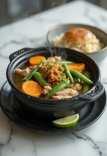 Sinigang met vlees geserveerd met rijke groenten en verse calamansi