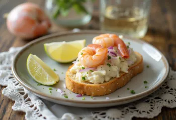 Skagenröra met limoenschil geserveerd op geroosterd brood, versierd met verse dille
