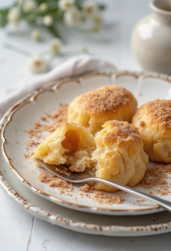 Vers gemaakte pruimenknoedels met kaneelsuiker en paneermeel