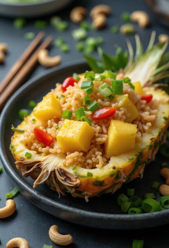 Gebakken rijst met ananas geserveerd