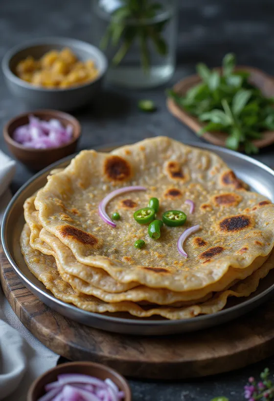 Bajra dosa, geserveerd met verse koriander en chutney