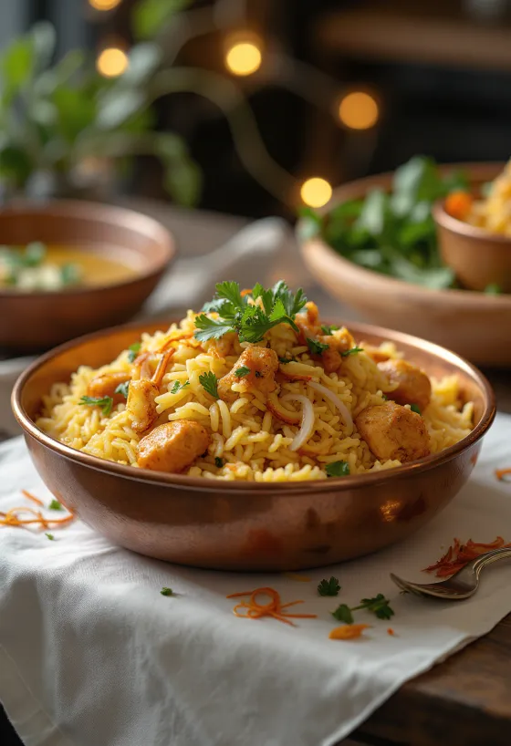 Biryani met kip, versierd met verse koriander en munt