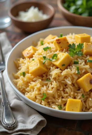 Biryani met paneer, rijke kruidige paneer en basmatirijst, gegarneerd met verse koriander en munt.