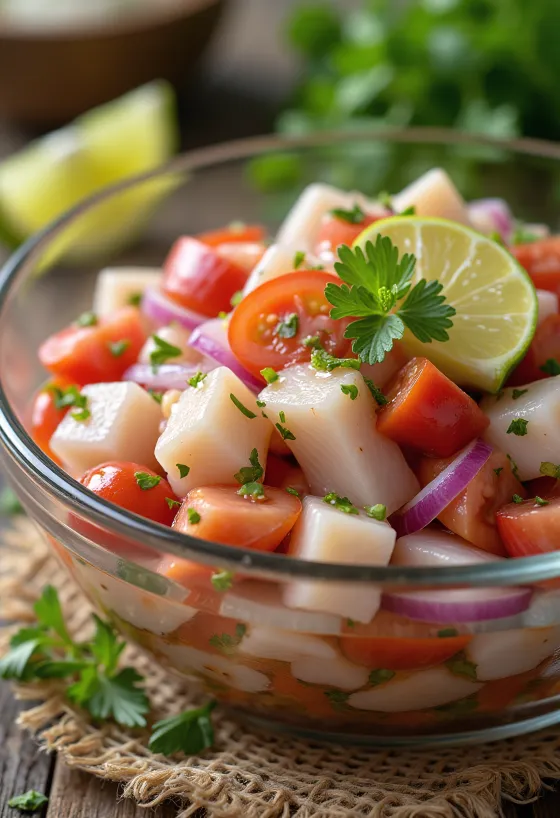 Klassieke ceviche met limoen, vis, avocado en tomaat