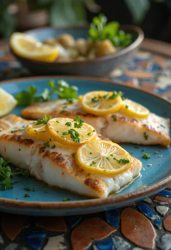 Coucou gebakken vis in citroen-knoflooksaus, bestrooid met verse peterselie