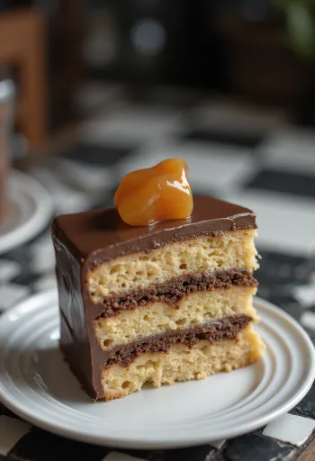 Dobostaart gevuld met karamellaag en chocoladecrème