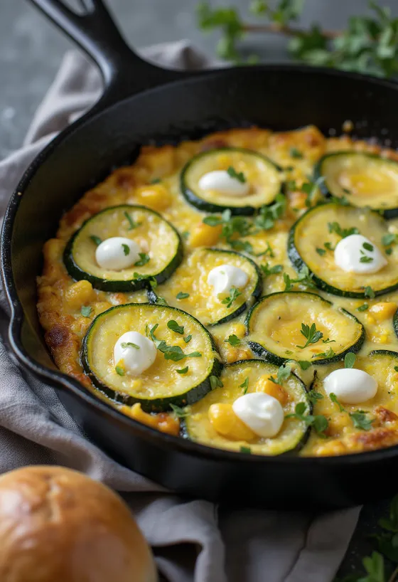 Frittata met courgette en ricotta geserveerd in een pan
