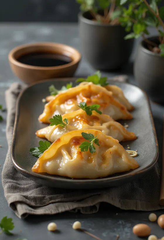 Gyoza met sojasaus geserveerd, versierd met verse groene ui