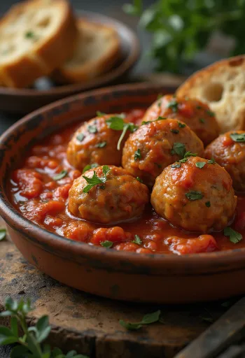 Gehaktballetjes geserveerd met tomatensaus en basilicum