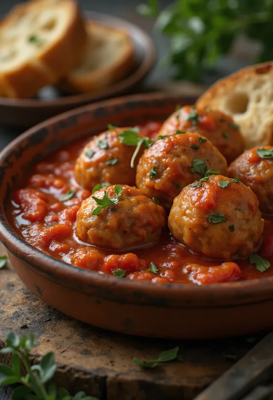 Gehaktballetjes geserveerd met tomatensaus en basilicum