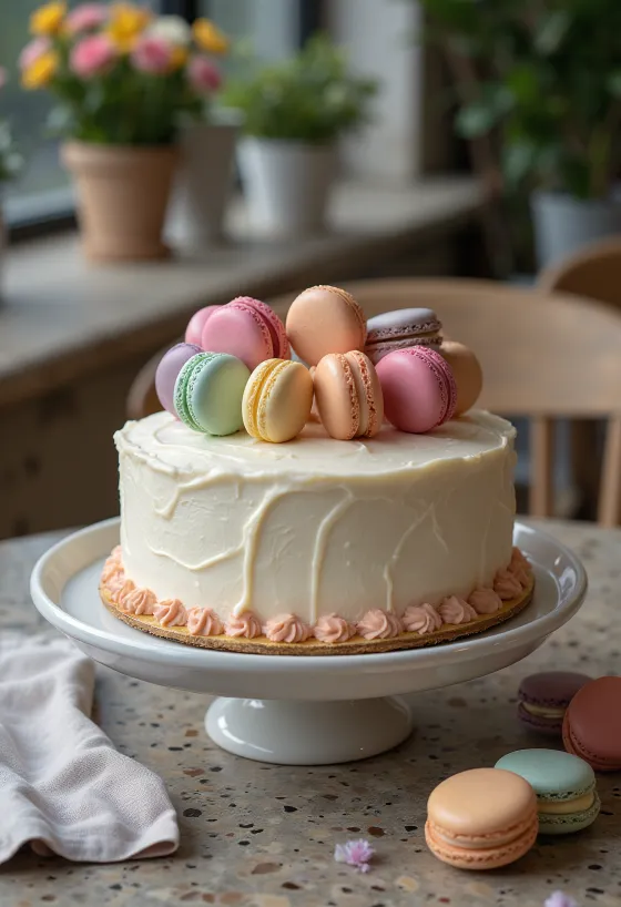 Taart met macarons versierd met veelkleurige macarons