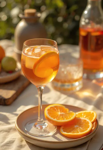 Aperol met sinaasappel cocktail geserveerd met een schijfje sinaasappel en ijs