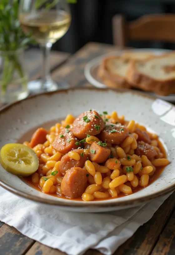 Pásztortarhonya met rookworst en aardappel, bestrooid met verse peterselie