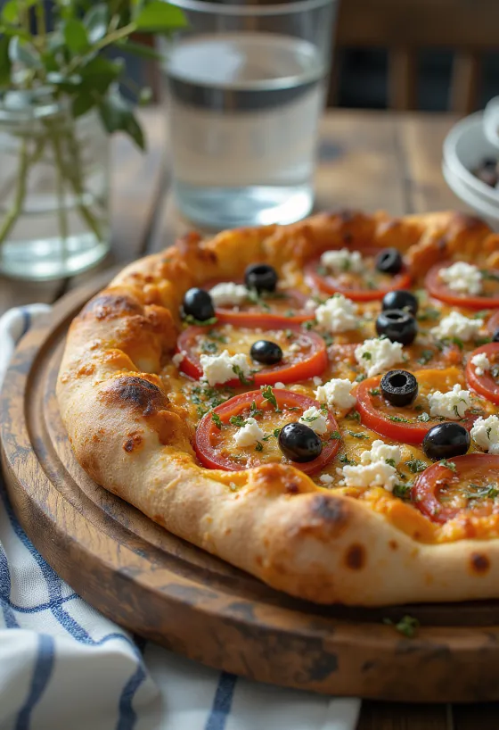 Pizza Greca met fetakaas, zwarte olijven en verse tomaat
