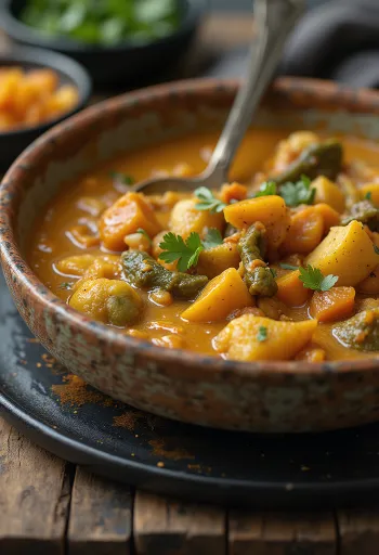 Vegan curry met sappige groenten en gegarneerd met verse koriander
