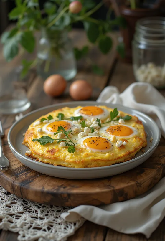 Frittata met aubergine en feta gebakken in een pan, bestrooid met verse peterselie
