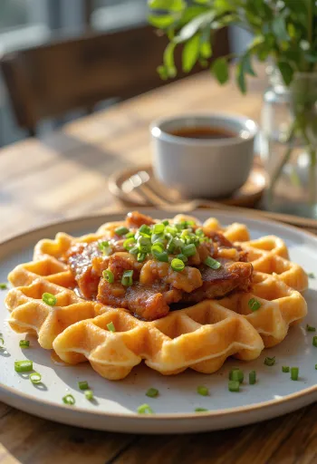 Wafels met kimchi en varkensvlees geserveerd