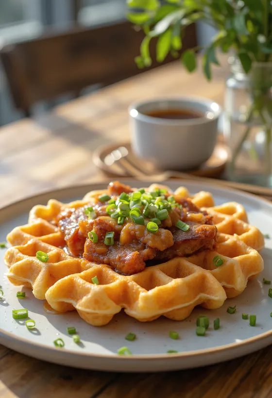 Wafels met kimchi en varkensvlees geserveerd