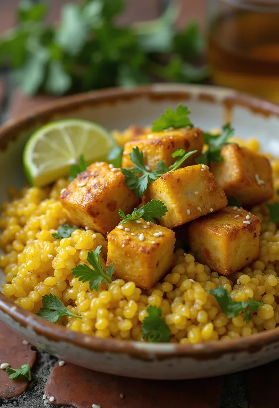Limoen gebakken tofu met curry-quinoa basis