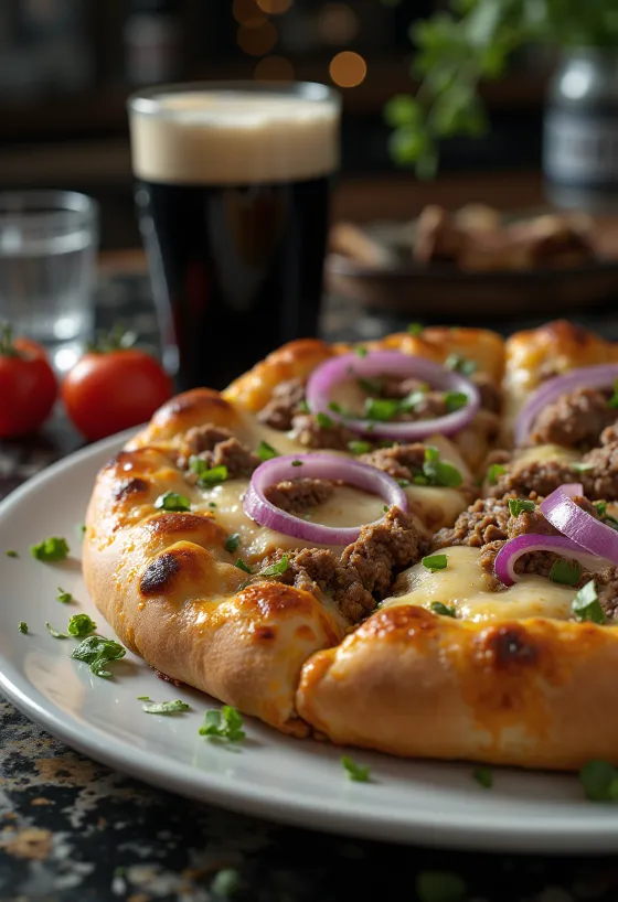 Ierse rundvleespizza geserveerd