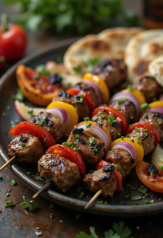 Shish kebab gegrild vlees en groenten op een spies