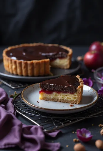 Bakewell tart met chocolade, met amandelvulling en chocolade bovenop