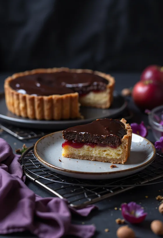 Bakewell tart met chocolade, met amandelvulling en chocolade bovenop