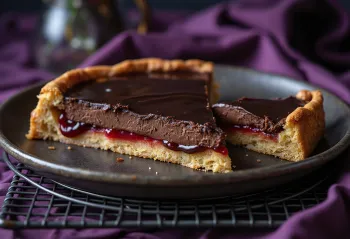 Bakewell tart met chocolade, met amandelvulling en chocolade bovenop