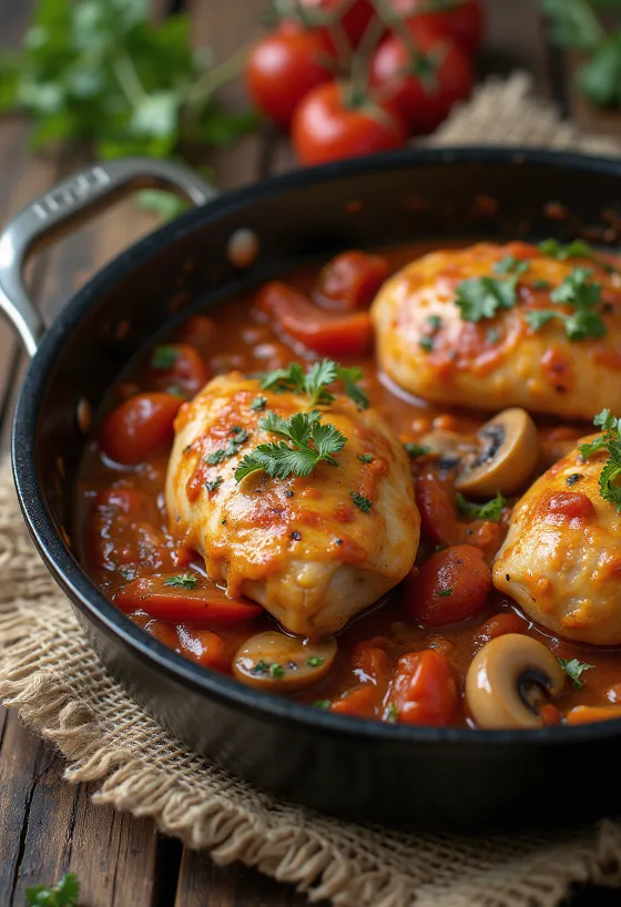 Kip Cacciatore geserveerd in een pan met groenten