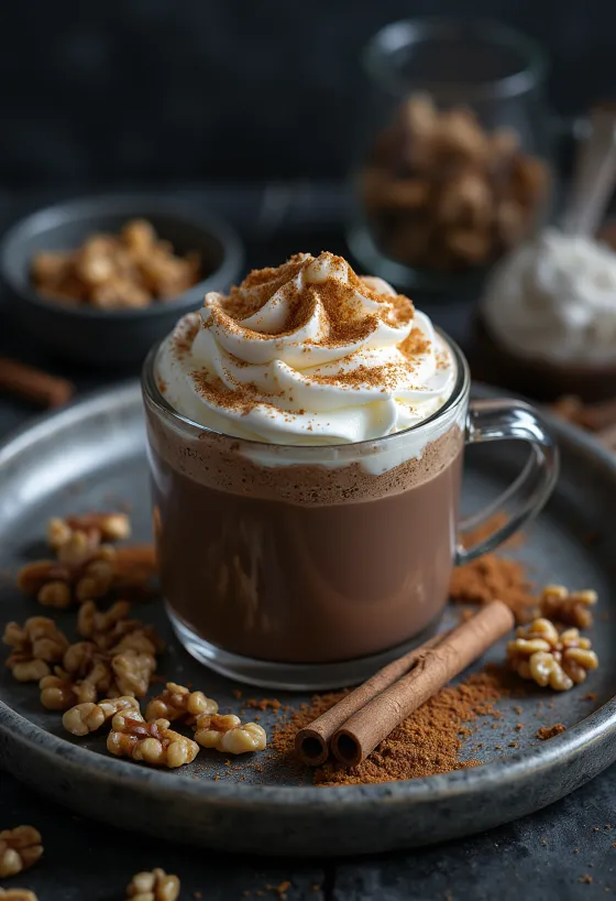 Warme chocolademelk met kaneel en walnoot geserveerd