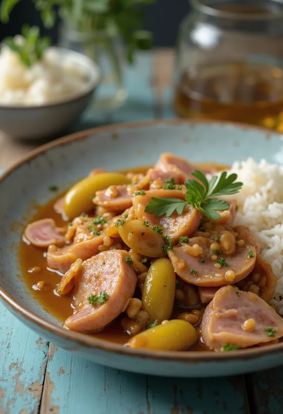 Hentes tokány met sappig varkensvlees, rookworst en zure augurken bereid.