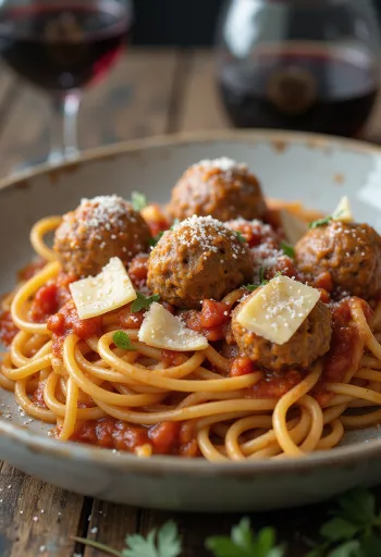 Spaghetti met gehaktballetjes geserveerd in tomatensaus