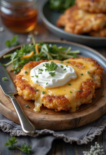 Knapperig gebakken Mátrai borzas schnitzel, geserveerd met zure room en kaas.