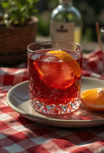 Negroni cocktail versierd met een schijfje sinaasappel