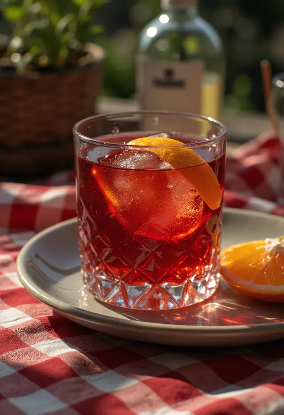 Negroni cocktail versierd met een schijfje sinaasappel