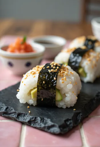 Omusubi met avocado, Japans gerecht van rijst en avocado, versierd met verse koriander
