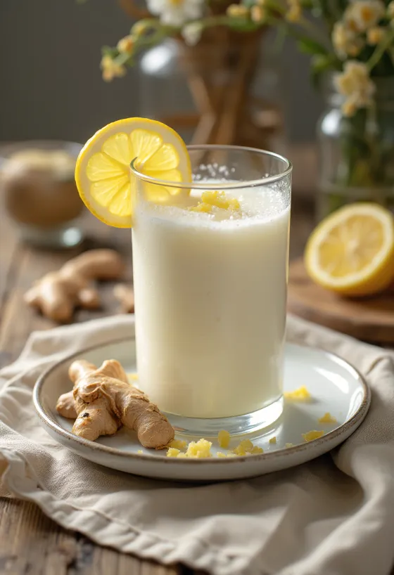 Probiotische kefir met witte thee en gember, geserveerd met verse citroen
