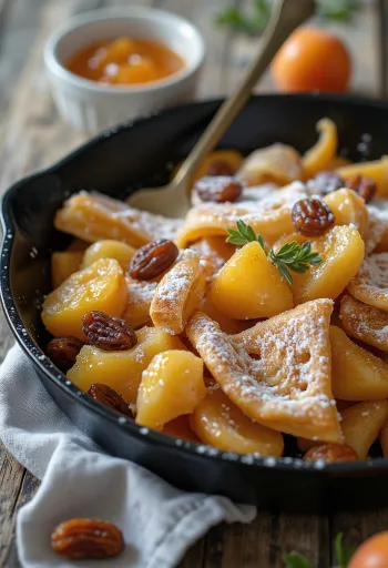Kaiserschmarrn geserveerd met poedersuiker en abrikozenjam