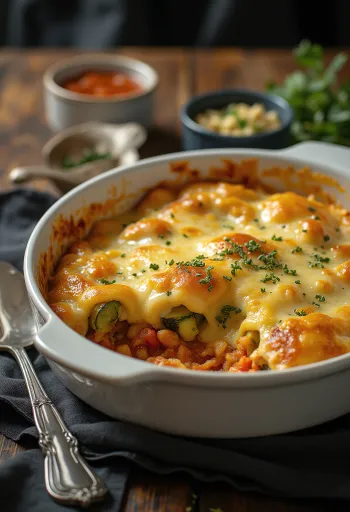 Vegan courgette-ovenschotel met tomatensaus